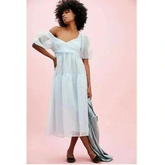 New Free People Hailey Dress Midi Puff Sleeve Sheer Babydoll Flowy Summer Blue - Picture 1 of 15